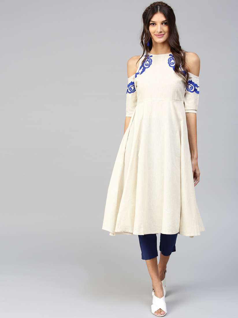 Buy SASSAFRAS Women Off White Solid Cold Shoulder A Line Kurta Kurtas for Women 5649876 Myntra