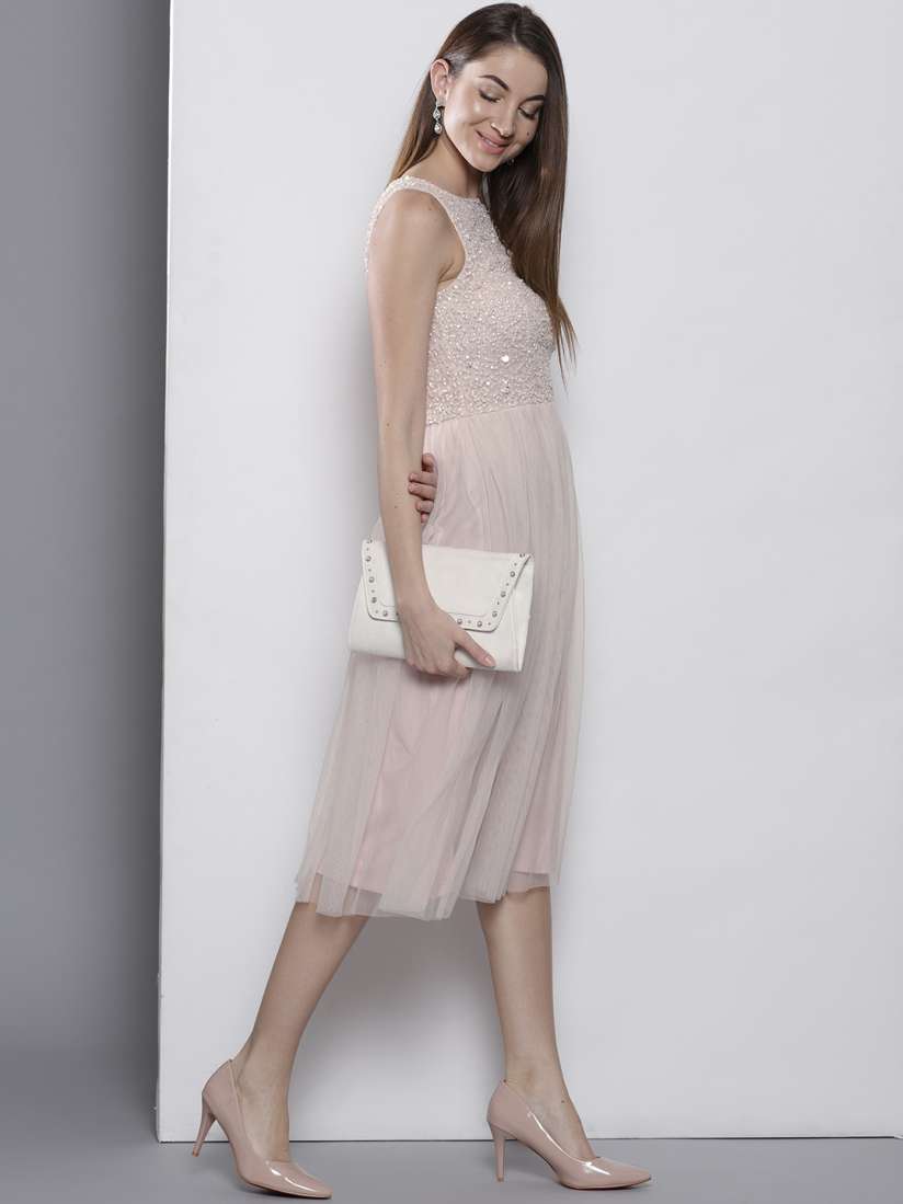 Buy DOROTHY PERKINS Women Peach Coloured Embellished Midi Fit Flare Dress Dresses for Women 5659859 Myntra