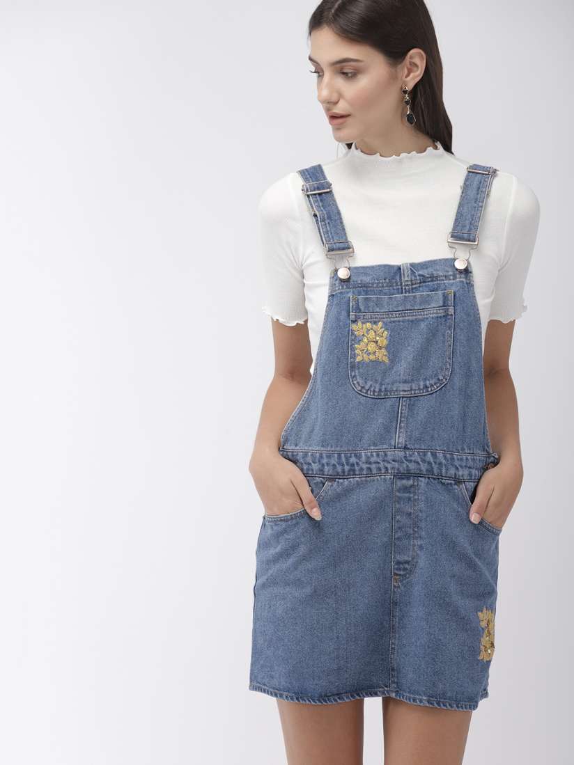 Buy FOREVER 21 Women Solid Blue Denim Embroidered Dungaree Dress Dresses for Women 5928268 Myntra