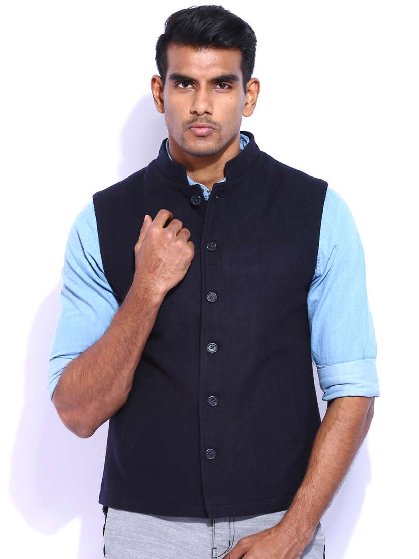 Buy Indian Terrain Navy Woollen Sleeveless Nehru Jacket Jackets for Men 614881 Myntra