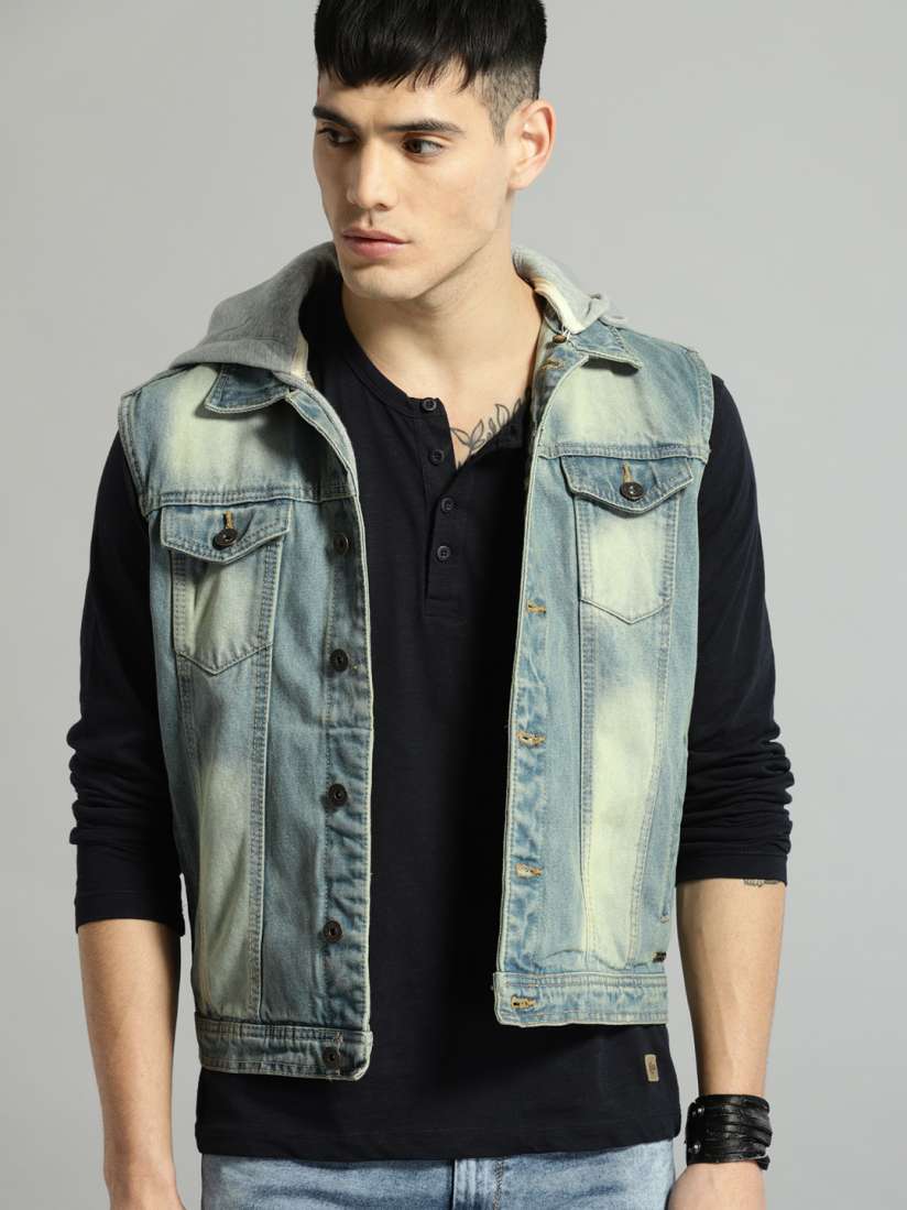 Sleeveless denim jacket with hood hot sale