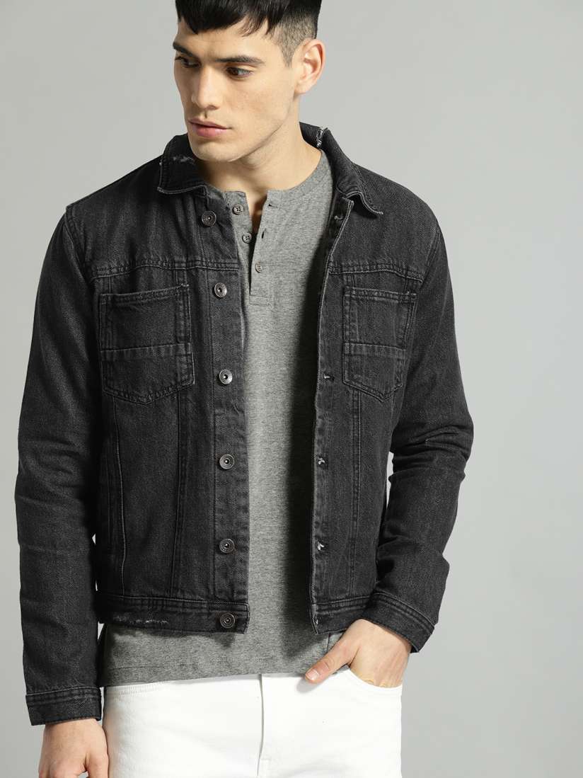 Black denim jacket mens myntra hot sale