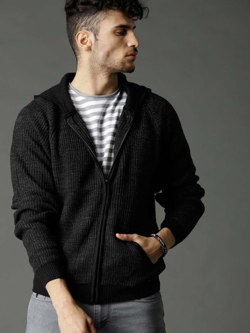 Black hooded cardigan sweater sales