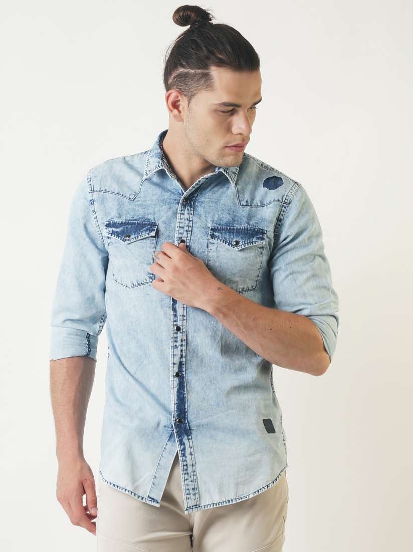 Buy Blue Saint Men Blue Regular Fit Self Design Denim Casual Shirt Shirts for Men 6433885 Myntra