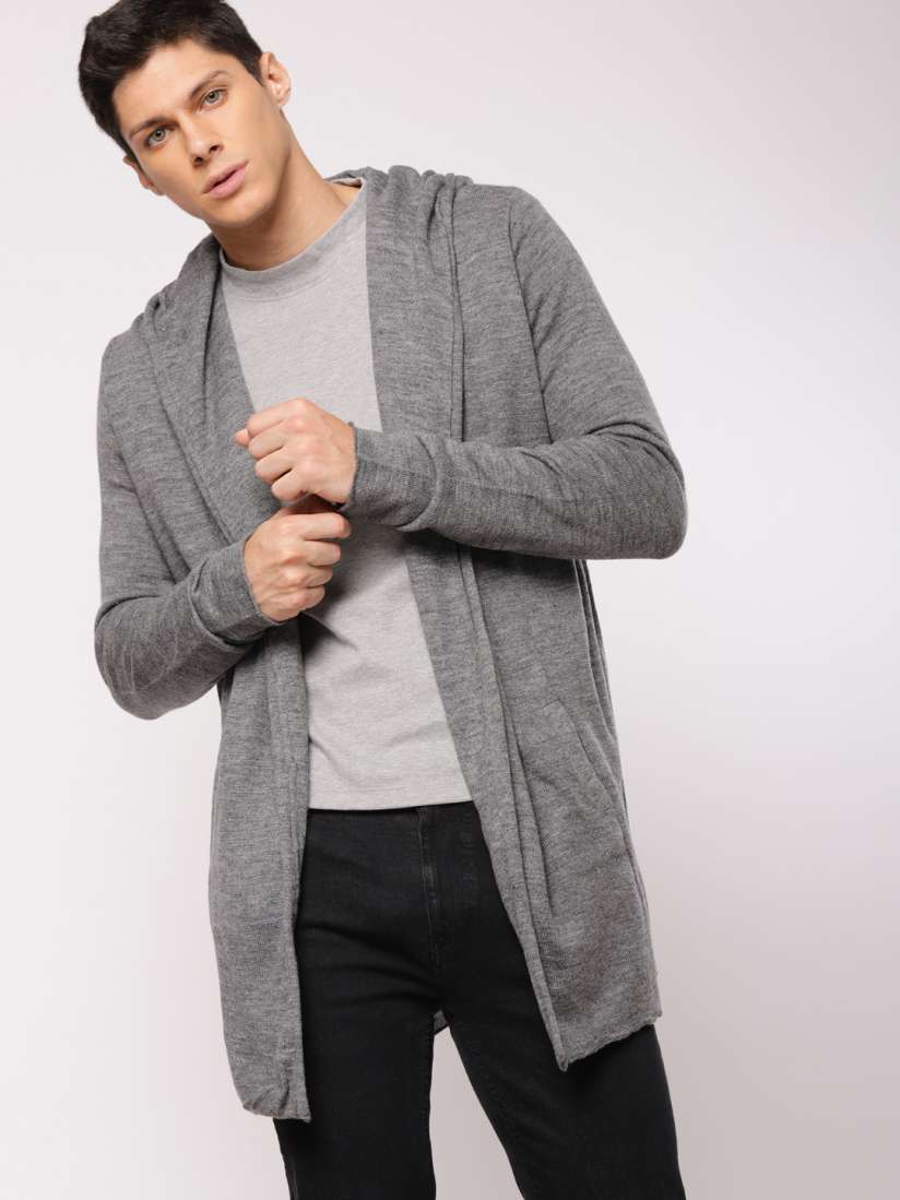 Buy ether Men Grey Solid Longline Hooded Front Open Sweater Sweaters for Men 6537732 Myntra