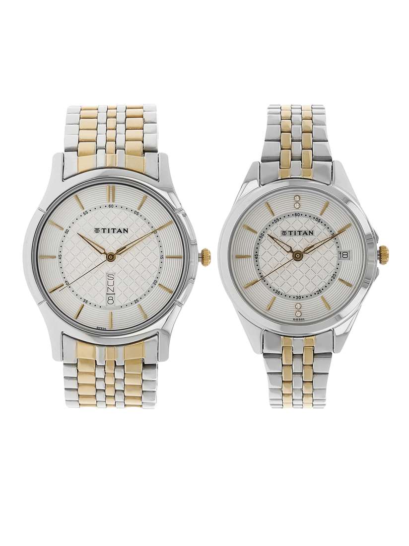 Buy Titan Men Silver Toned Off White His Her s Analogue Watch Gift Set NK16362565BM01 Watch Gift Set for Men 6542714 Myntra