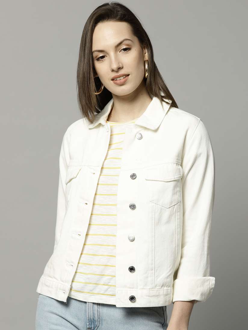 Buy Marks Spencer Women Off White Solid Denim Jacket Jackets for Women 6572285 Myntra
