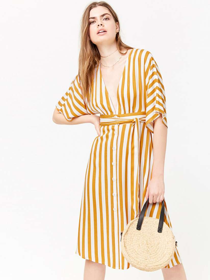 Buy FOREVER 21 Women Mustard Yellow White Striped Empire Dress Dresses for Women 6616349 Myntra