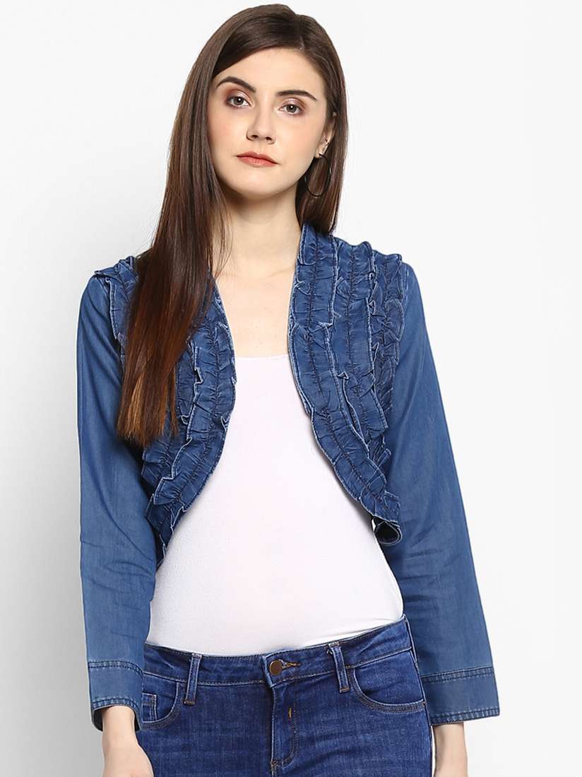 Top And Denim Shrugs Long StyleStone Blue Self Design Open Front