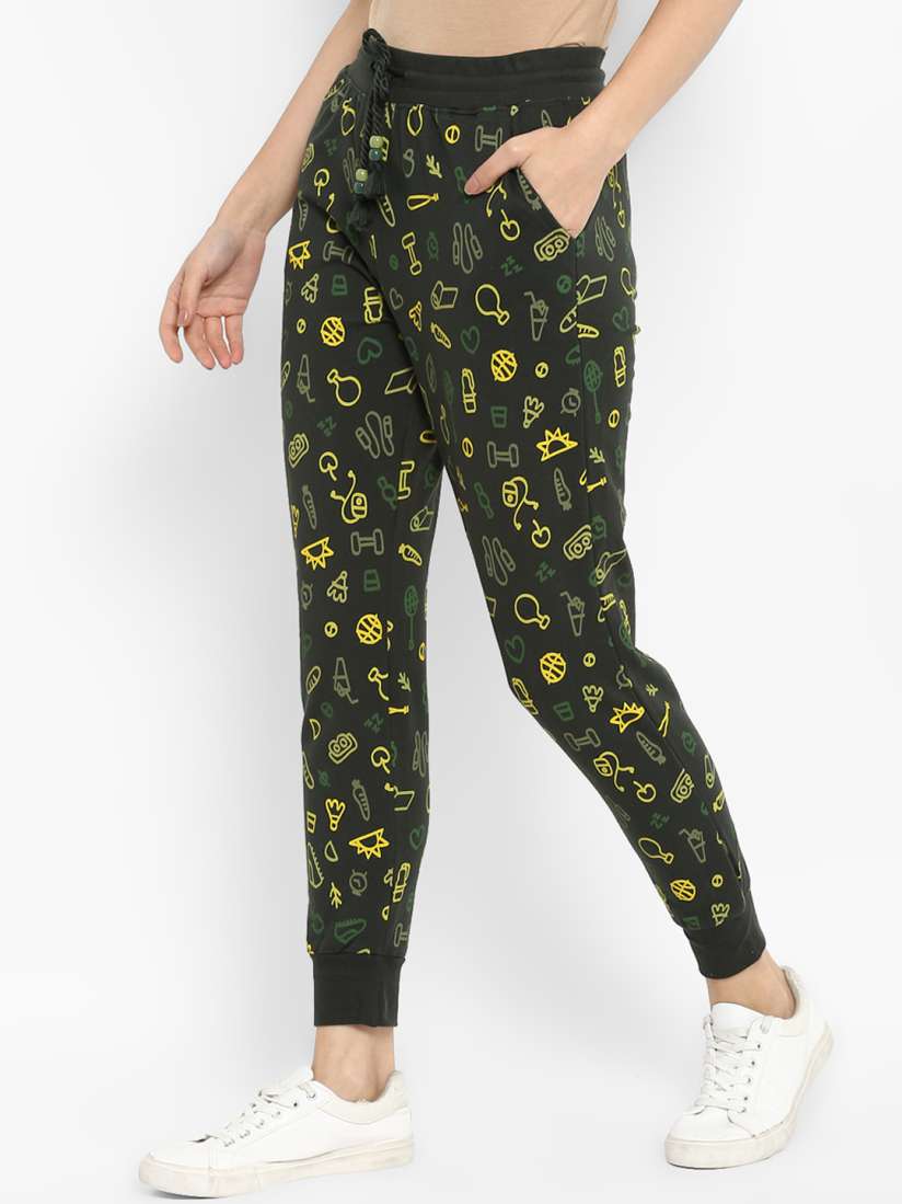 Buy Chumbak Women Olive Yellow Doodles Print Joggers Track Pants for Women 6704177 Myntra