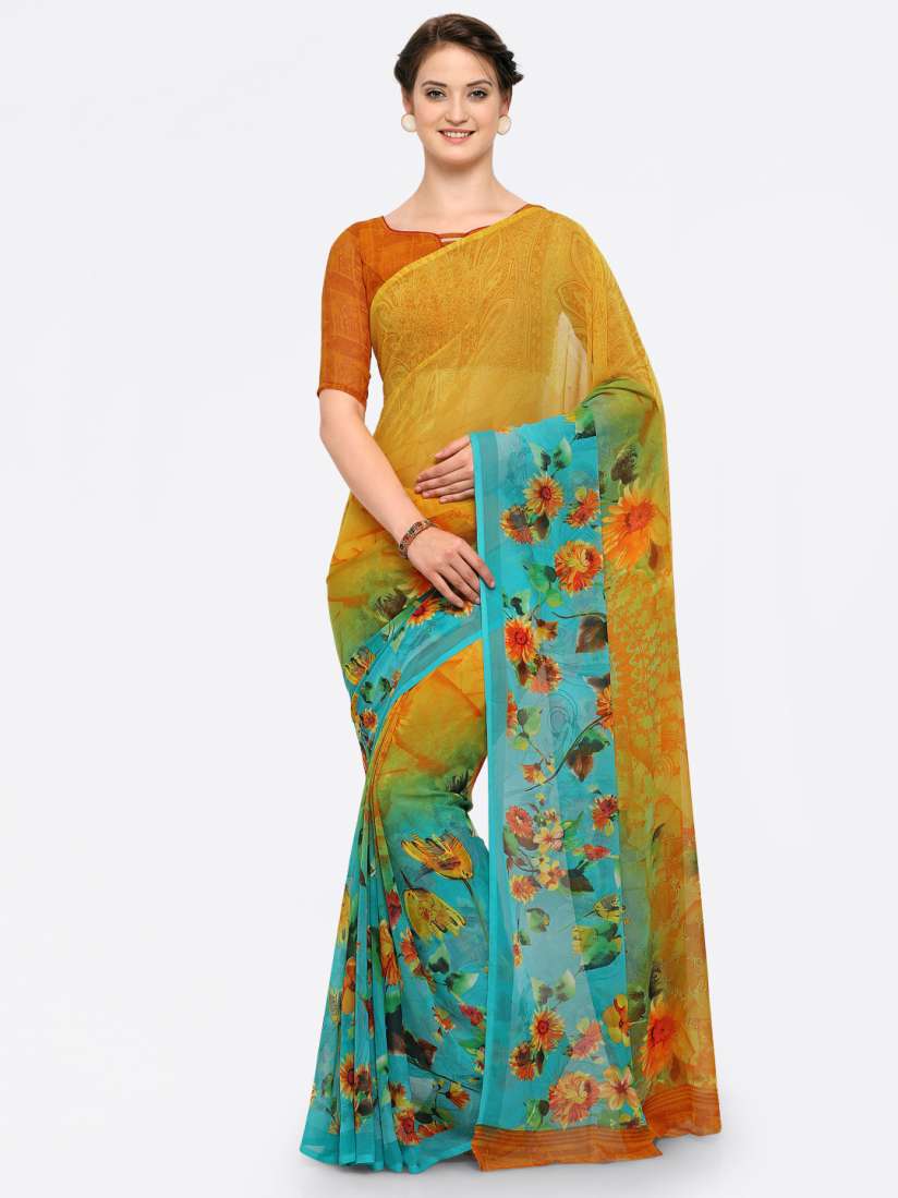 Buy Vaamsi Mustard Yellow Sea Green Poly Chiffon Printed Saree Sarees for Women 6779743 Myntra