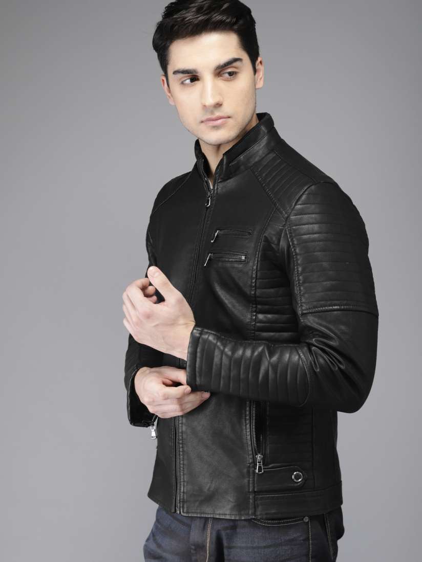 Buy HERE NOW Men Black Solid Biker Jacket Jackets for Men 6788941 Myntra