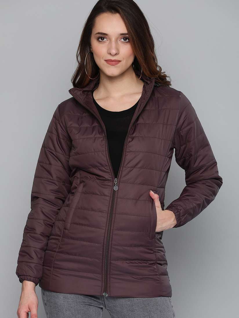 Buy HERE&NOW Women Burgundy Solid Puffer Jacket Jackets for - Main Image