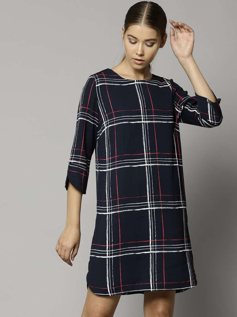 Buy Marks Spencer Women Navy Blue Checked Shift Dress Dresses for Women 6792196 Myntra