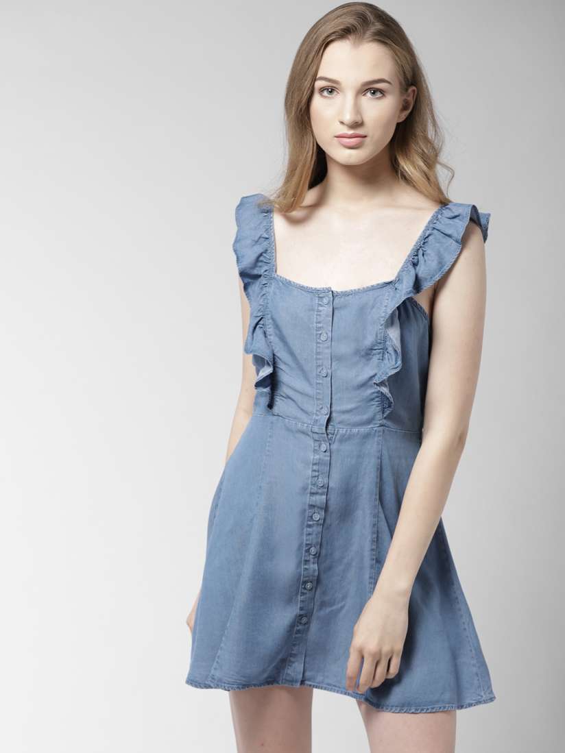 Buy FOREVER 21 Women Blue Solid Chambray Fit Flare Dress Dresses for Women 6795082 Myntra
