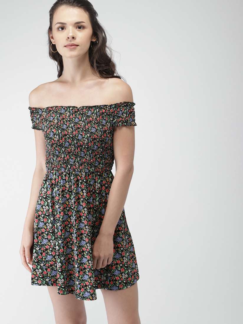 Buy FOREVER 21 Women Black Printed A Line Off Shoulder Dress Dresses for Women 6795231 Myntra