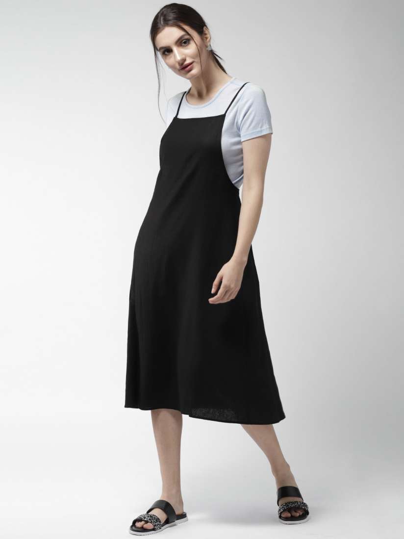 Buy FOREVER 21 Women Black Solid Midi Pinafore Dress Dresses for Women 6795378 Myntra