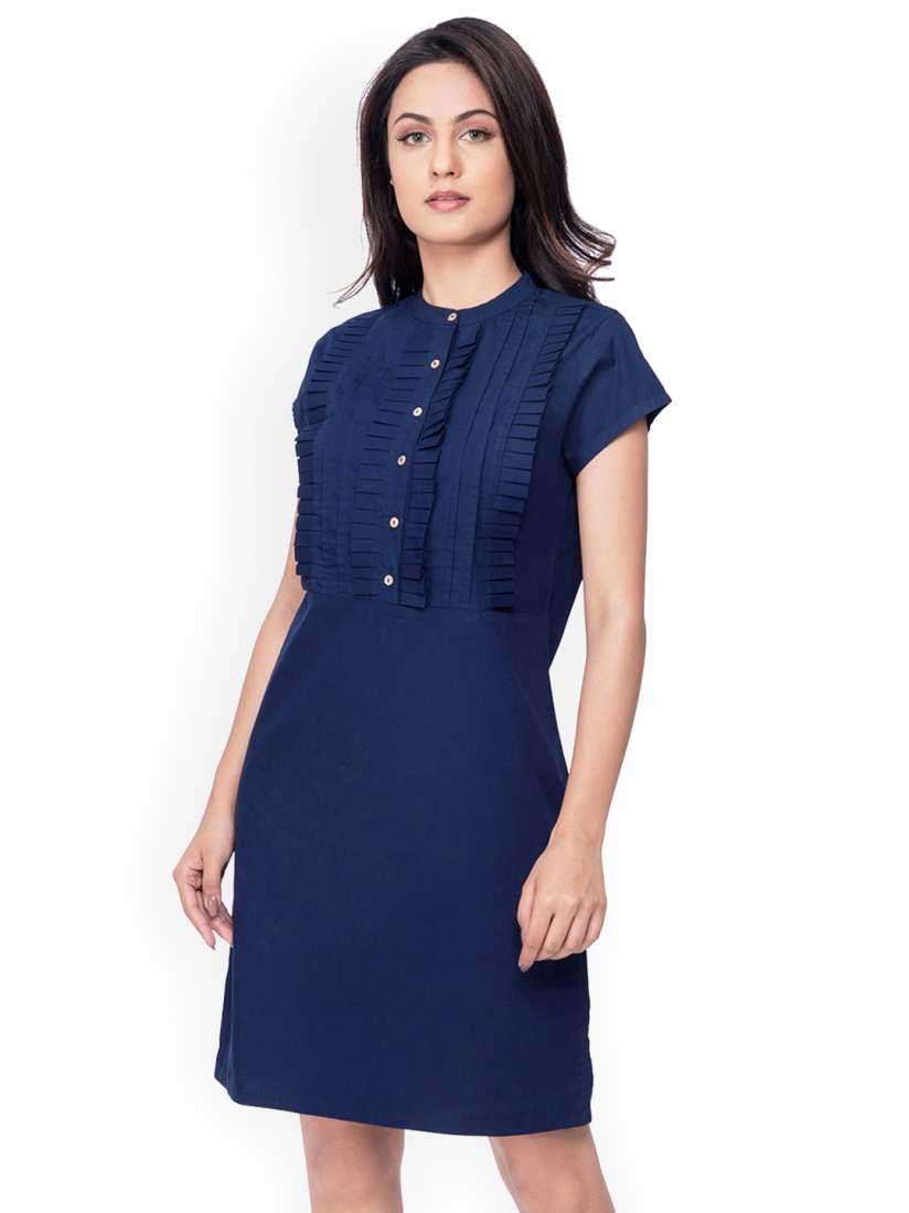 Buy Ombre Lane Women Navy Blue Solid Pleated A Line Formal Dress Dresses for Women 6811196 Myntra