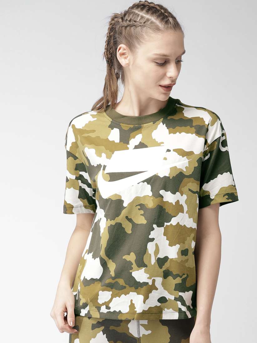Buy Nike Women Olive Green White Camouflage Print AS W NSW NSW TOP SS GX Pure Cotton T shirt Tshirts for Women 6814208 Myntra