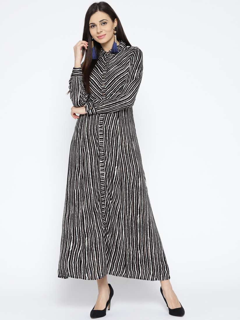 Buy Global Desi Women Black Cream Coloured Striped Maxi Dress Dresses for Women 6823923 Myntra