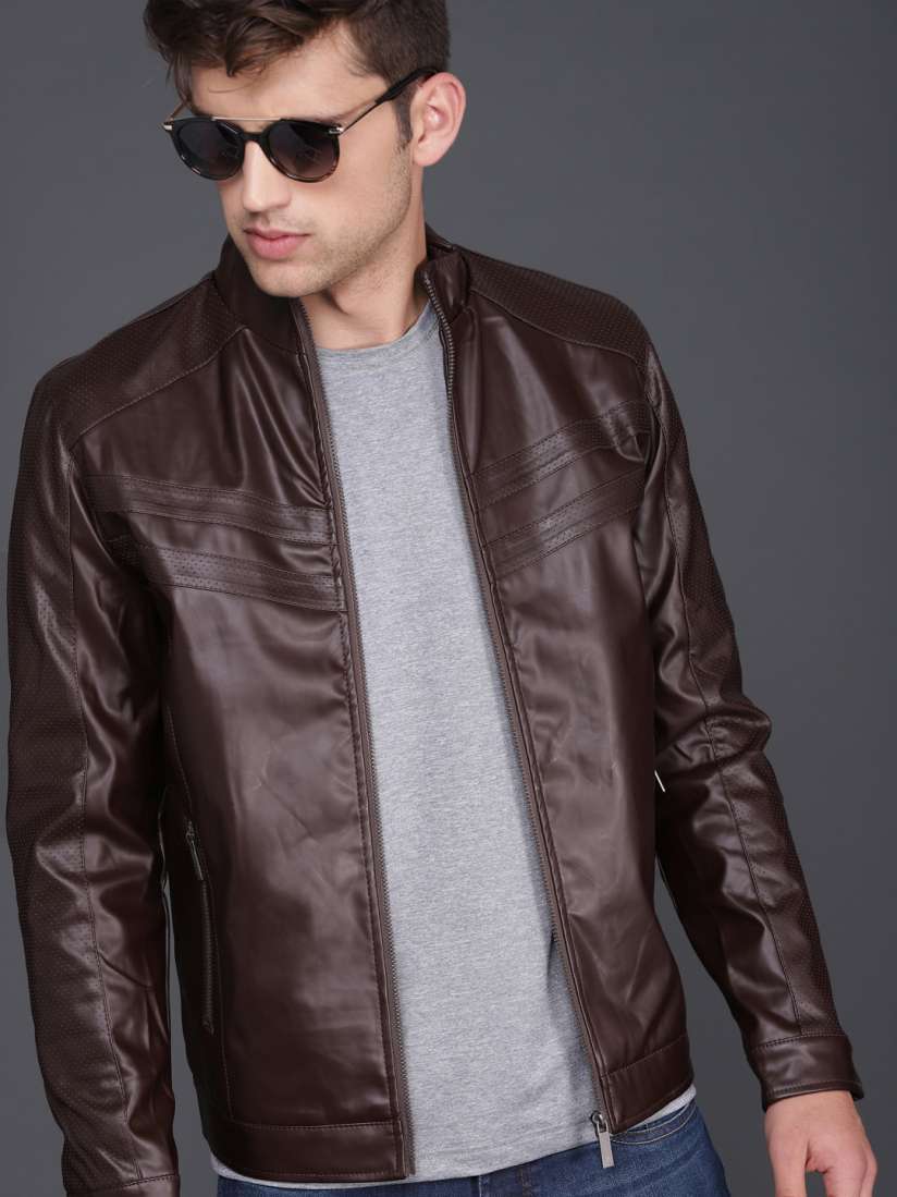 Buy WROGN Men Brown Solid Biker Jacket Jackets for Men 6832080 Myntra