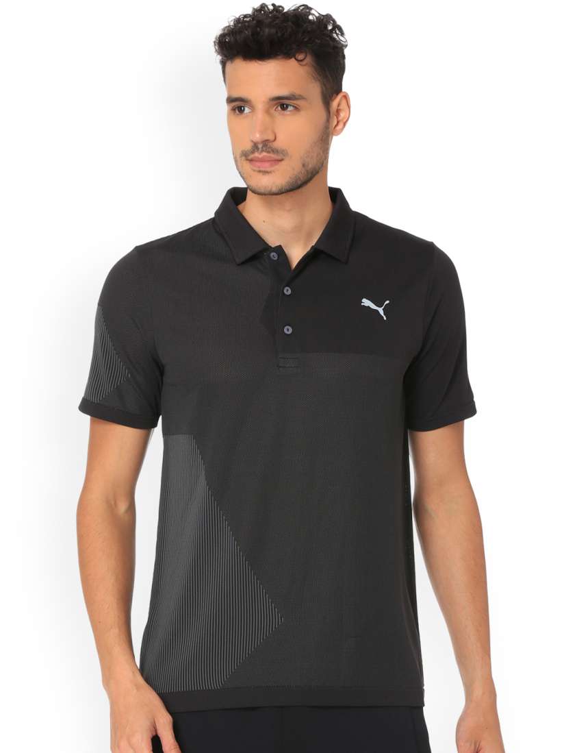 Buy Puma Men Black Grey Self Design Polo Collar Evoknit Dassler T shirt Tshirts for Men 6860033 Myntra