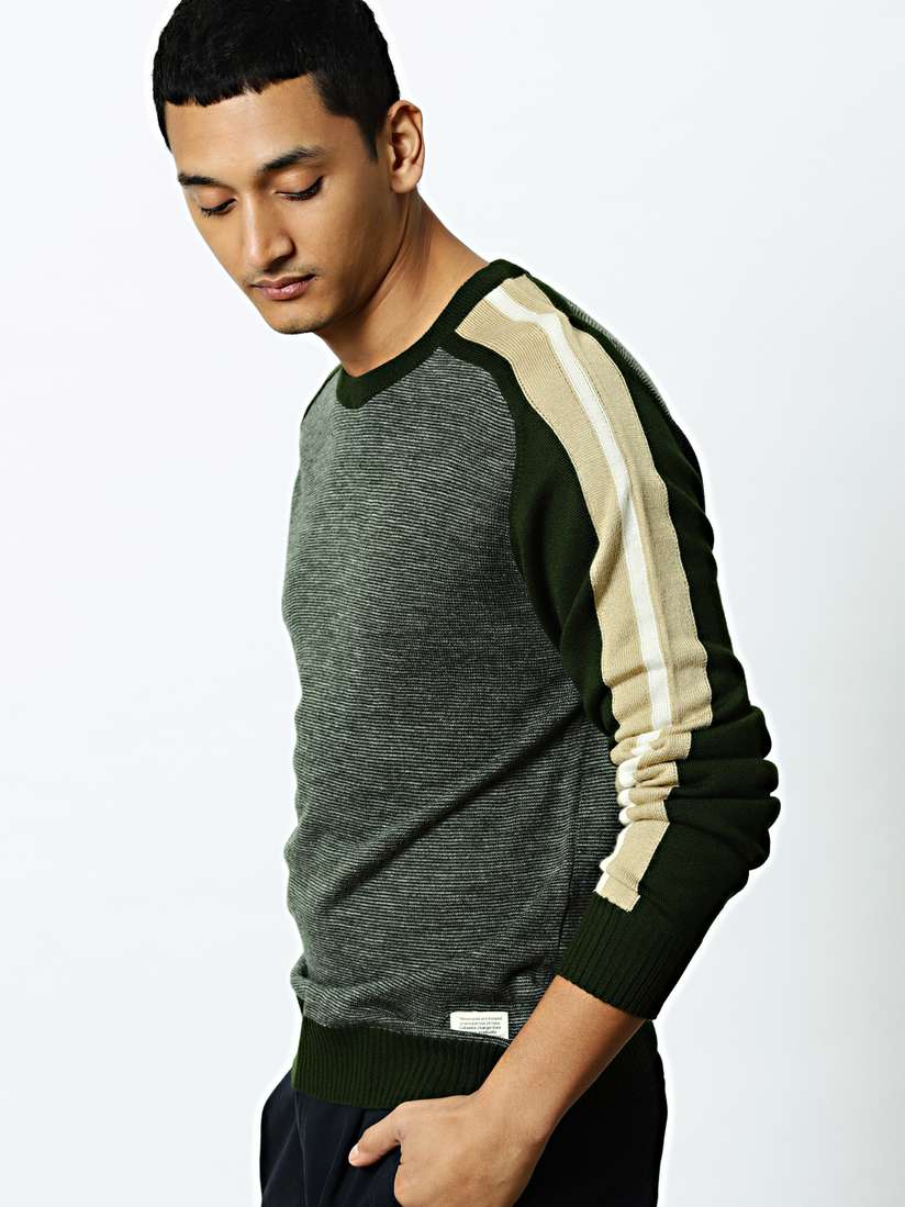 Buy Mr Bowerbird Men Olive Green Grey Self Striped Sports Jumper