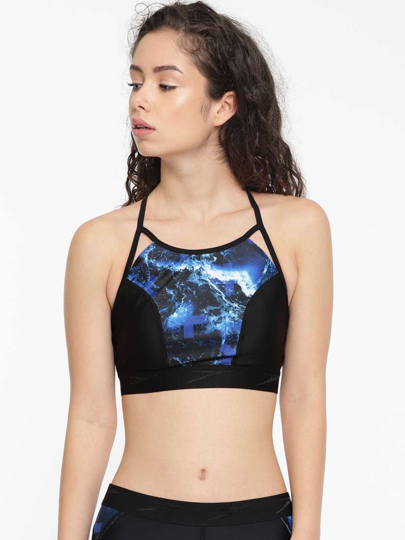 Speedo Black Printed Seamless STORMZA CROP Non-Wired Lightly Padded Swim Top