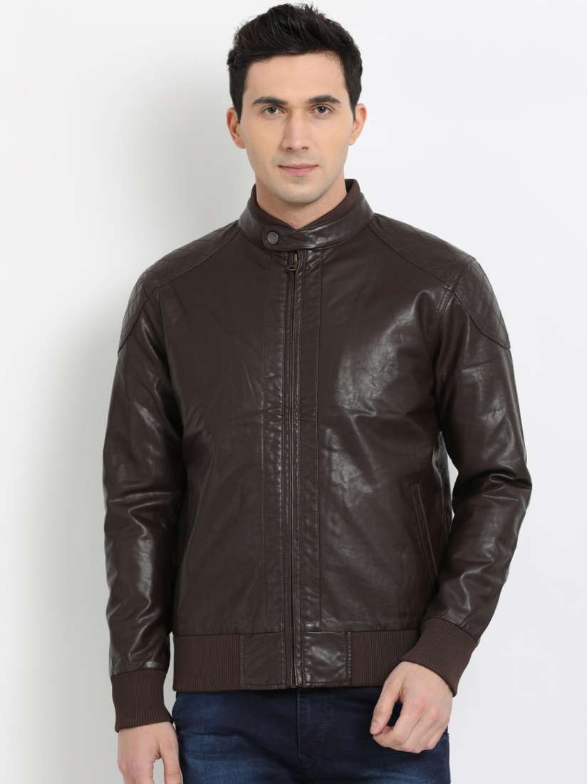 Buy t base Men Brown Solid Faux Leather Jacket Jackets for Men 6914524 Myntra