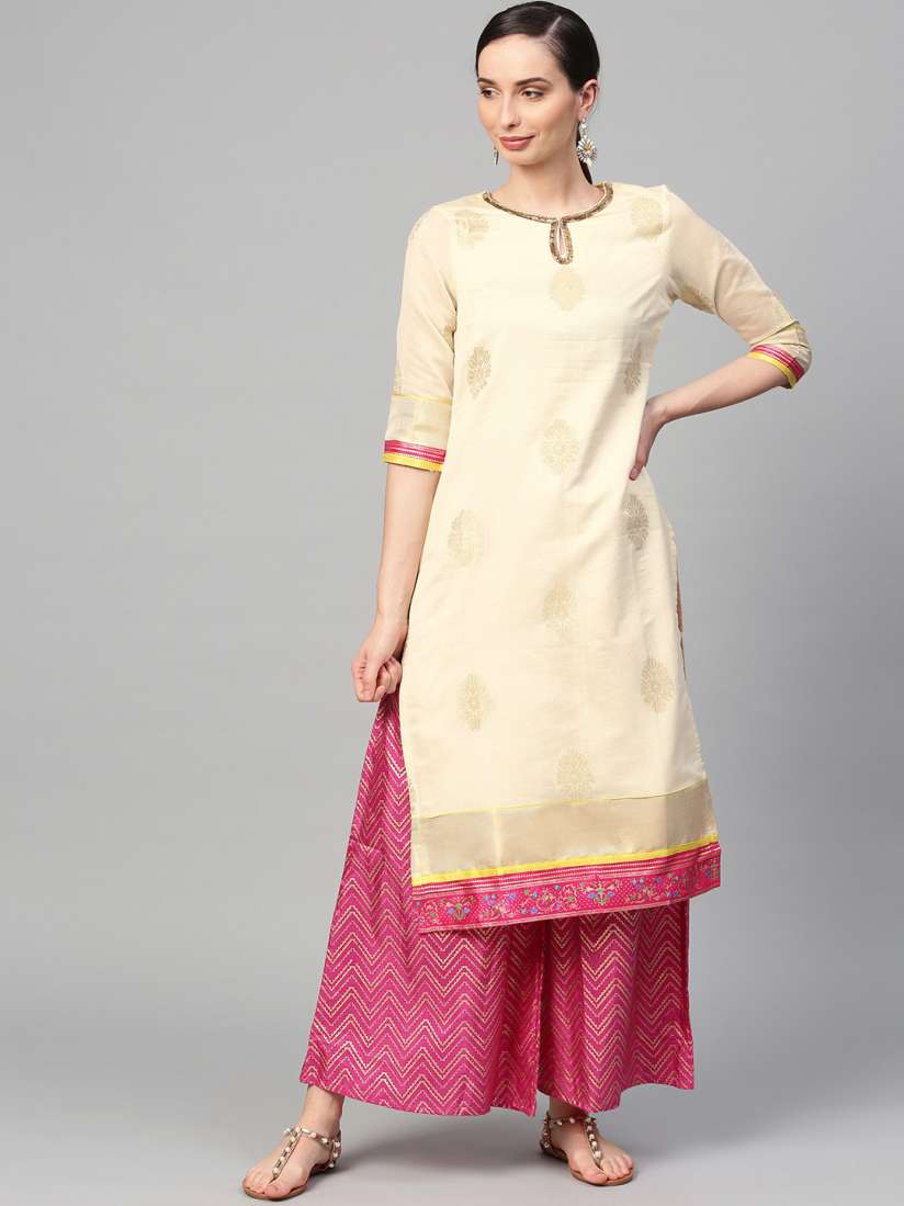 Buy WISHFUL by W Women Cream Coloured Golden Woven Design Straight Kurta Kurtas for Women 6920164 Myntra