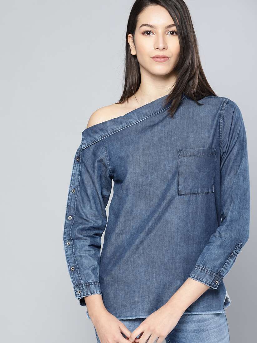 Buy NUSH Women Blue Solid Denim One Shoulder Top Tops for Women 6924681 Myntra
