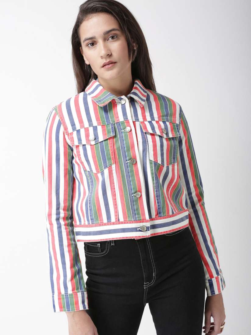 Buy FOREVER 21 Women Multicoloured Striped Denim Jacket Jackets for Women 6933388 Myntra