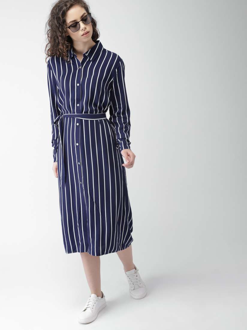 Navy striped shirt dress clearance