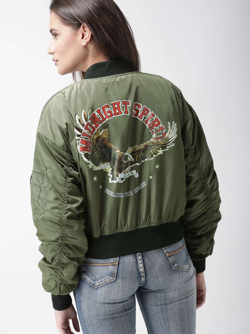 Buy FOREVER 21 Women Olive Green Printed Bomber Jacket Jackets for Women 6934046 Myntra