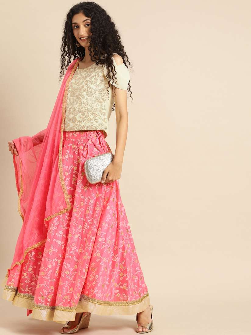 Buy IMARA Pink Cream Coloured Embroidered Ready to Wear Lehenga Blouse with Dupatta Lehenga Choli for Women 6936037 Myntra
