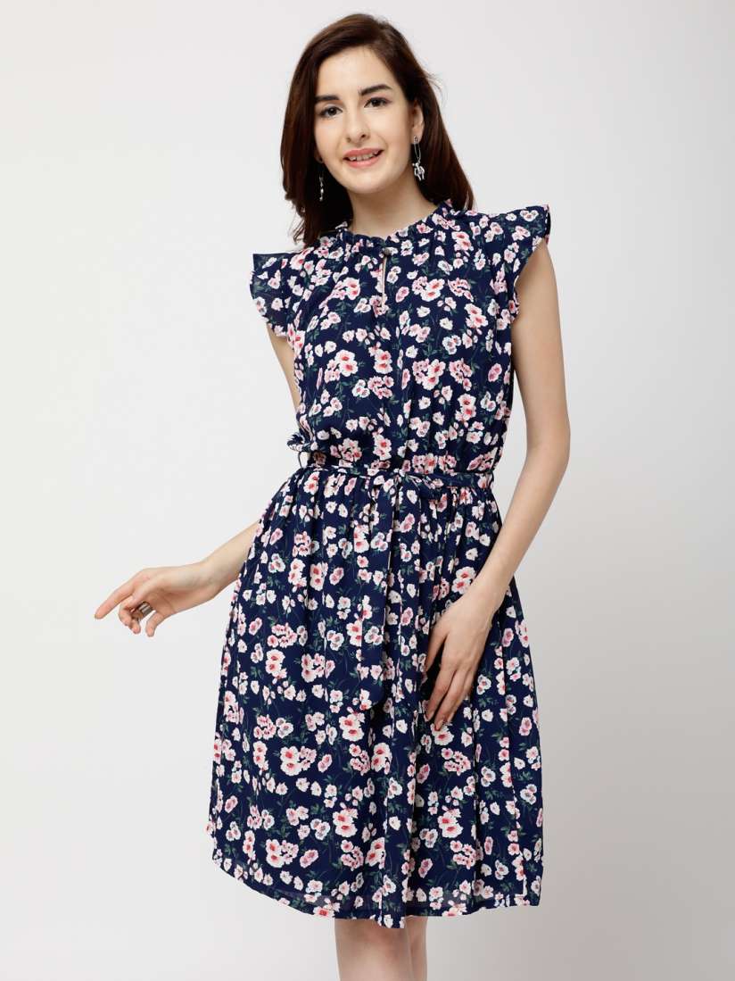 Tokyo talkies women navy blue printed shirt dress on sale