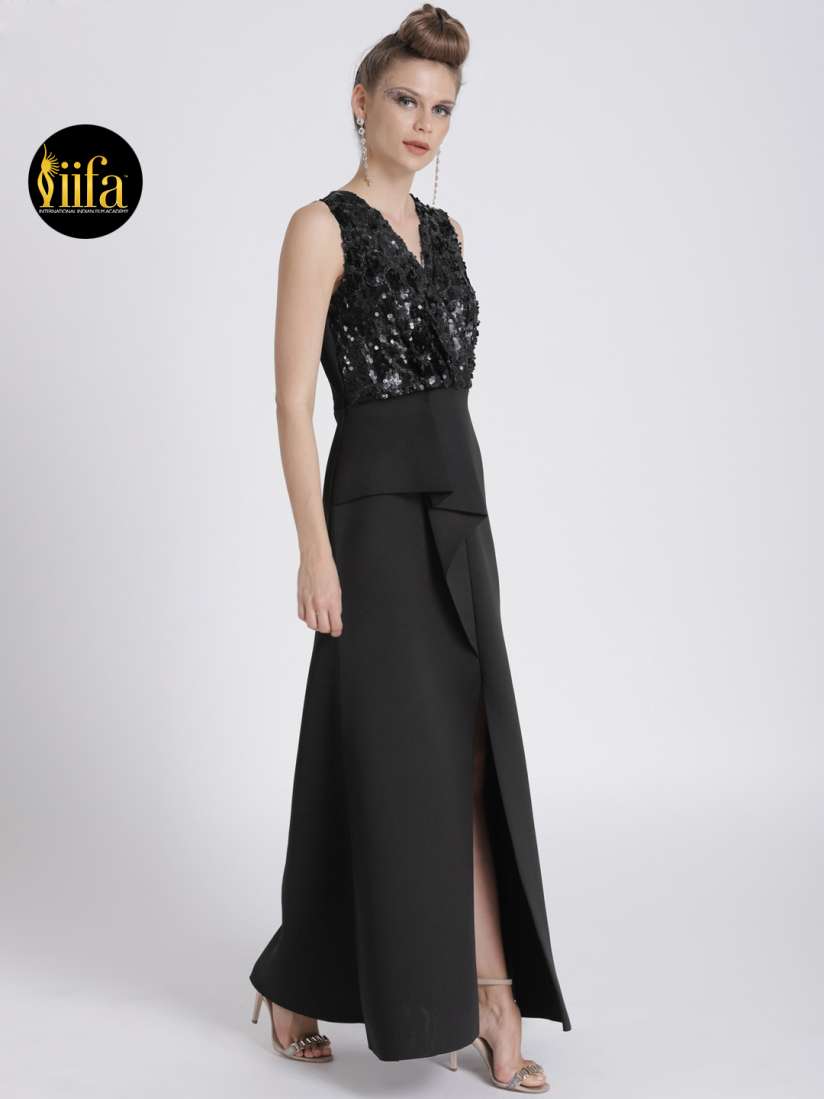 Buy Athena Black Embellished Half Peplum Maxi Dress with Front Slit Sheer Back Dresses for Women 6958012 Myntra