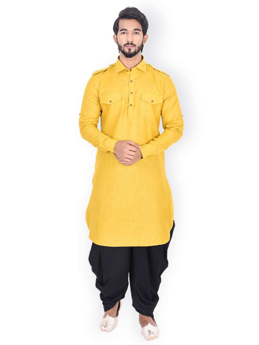 Buy Manyavar Men Yellow Solid Pathani Kurta with Two Flap Pockets Kurtas for Men 6968227 Myntra