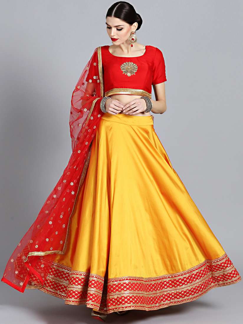 Buy Bollywood Vogue Red Yellow Made To Measure Lehenga Choli Lehenga Choli for Women 6971975 Myntra