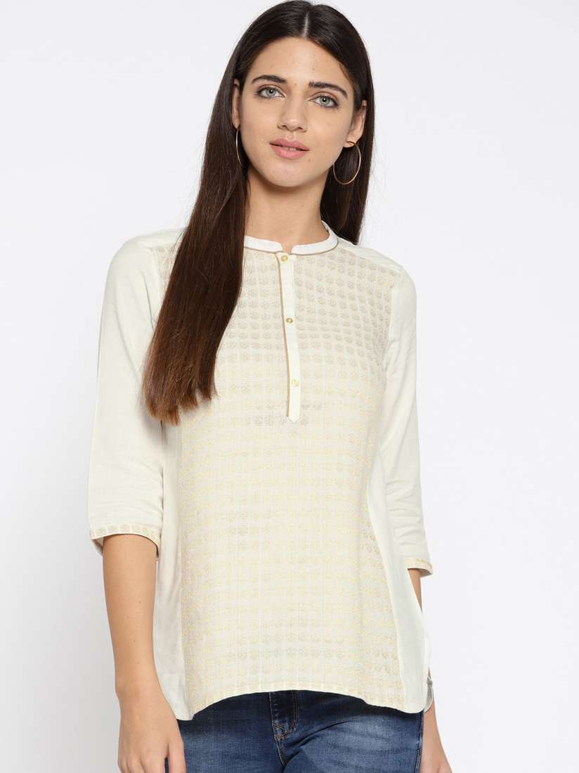 Buy AURELIA Women Off White Golden Woven Design Straight Kurti Kurtis for Women 6975404 Myntra