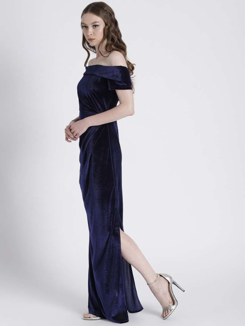 Navy blue velvet off the shoulder dress new arrivals