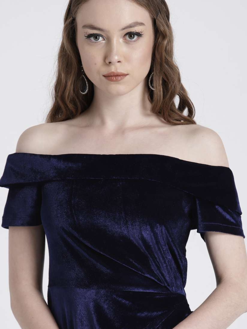 Navy blue velvet off the shoulder dress online
