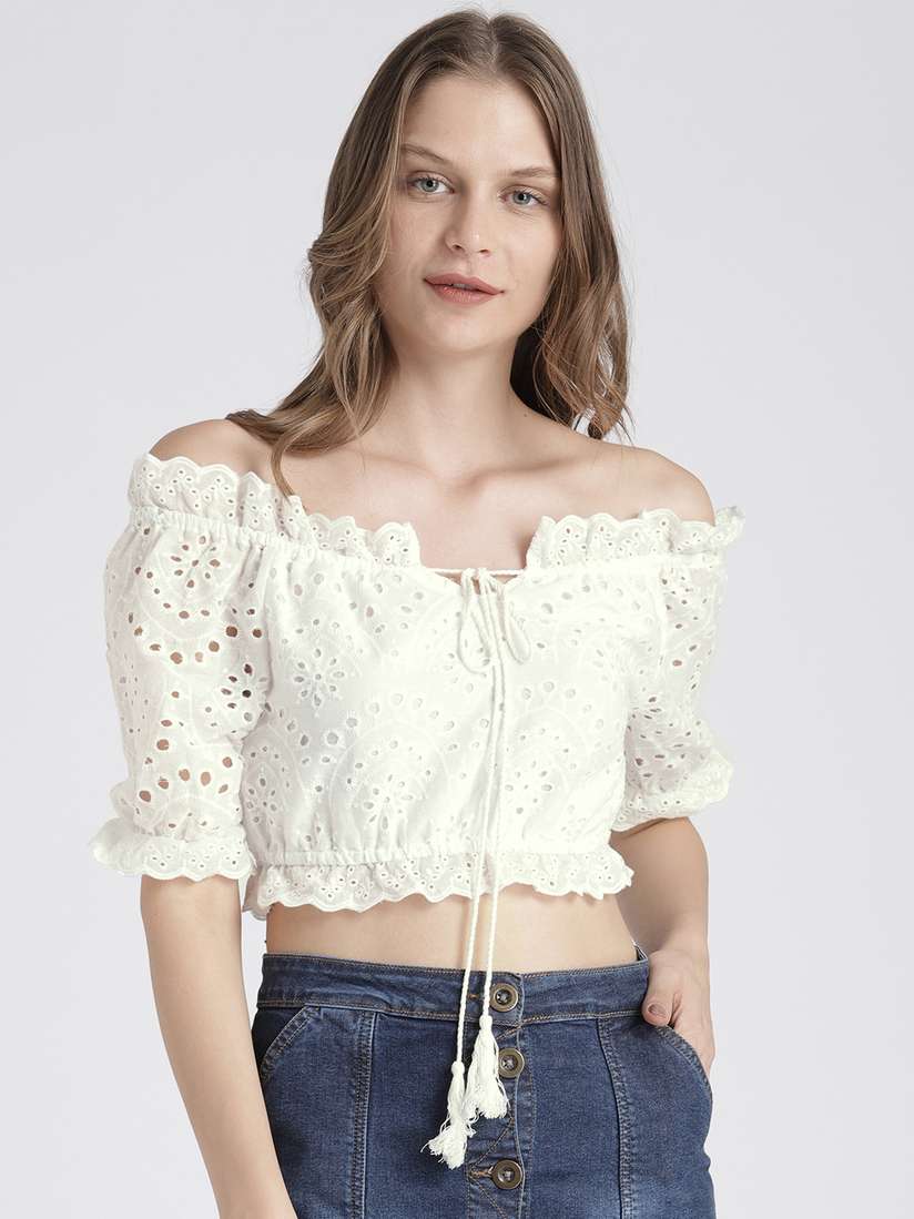 white crochet bardot top