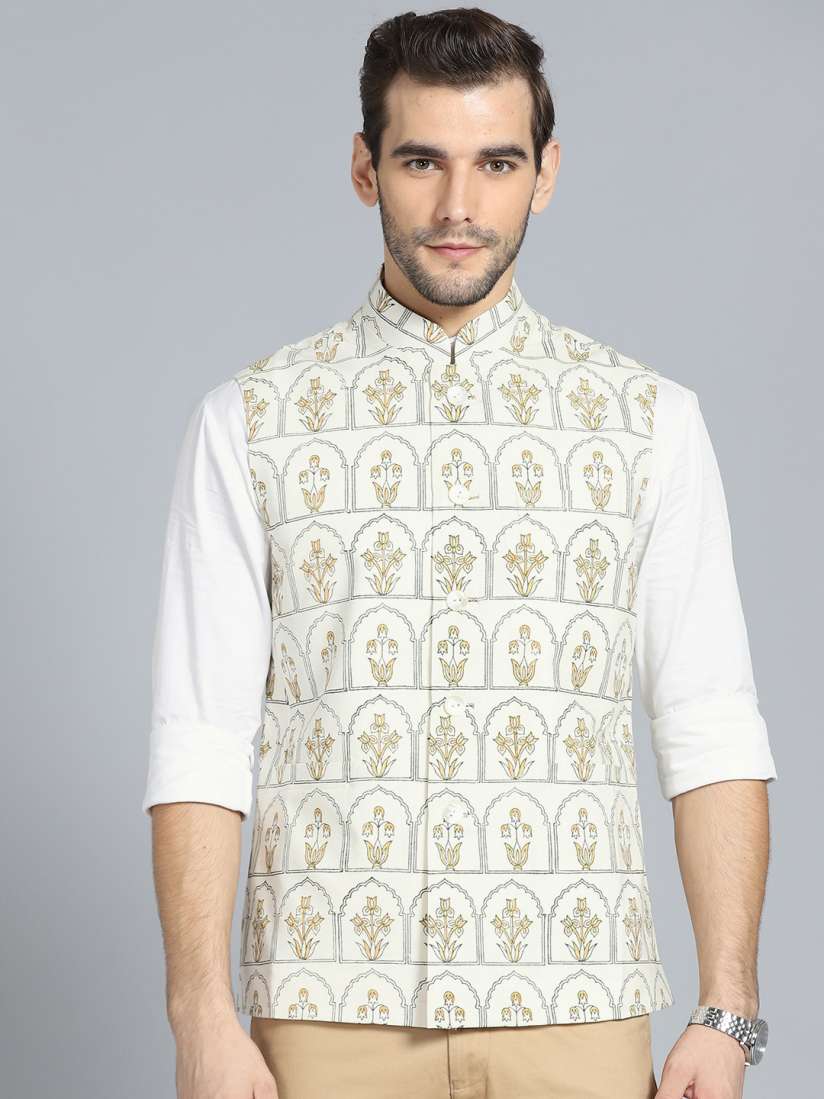 Buy Rohit Bal Limited Men Cream Coloured Mustard Yellow Block Print Pure Cotton Nehru Jacket Nehru Jackets for Men 7024472 Myntra