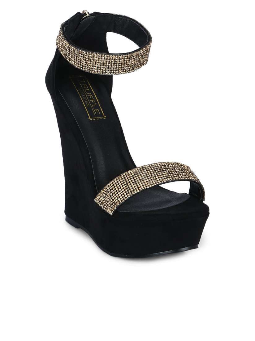 Buy Truffle Collection Black Diamante Strap Back Zipper Wedges Heels for Women 7031129 Myntra