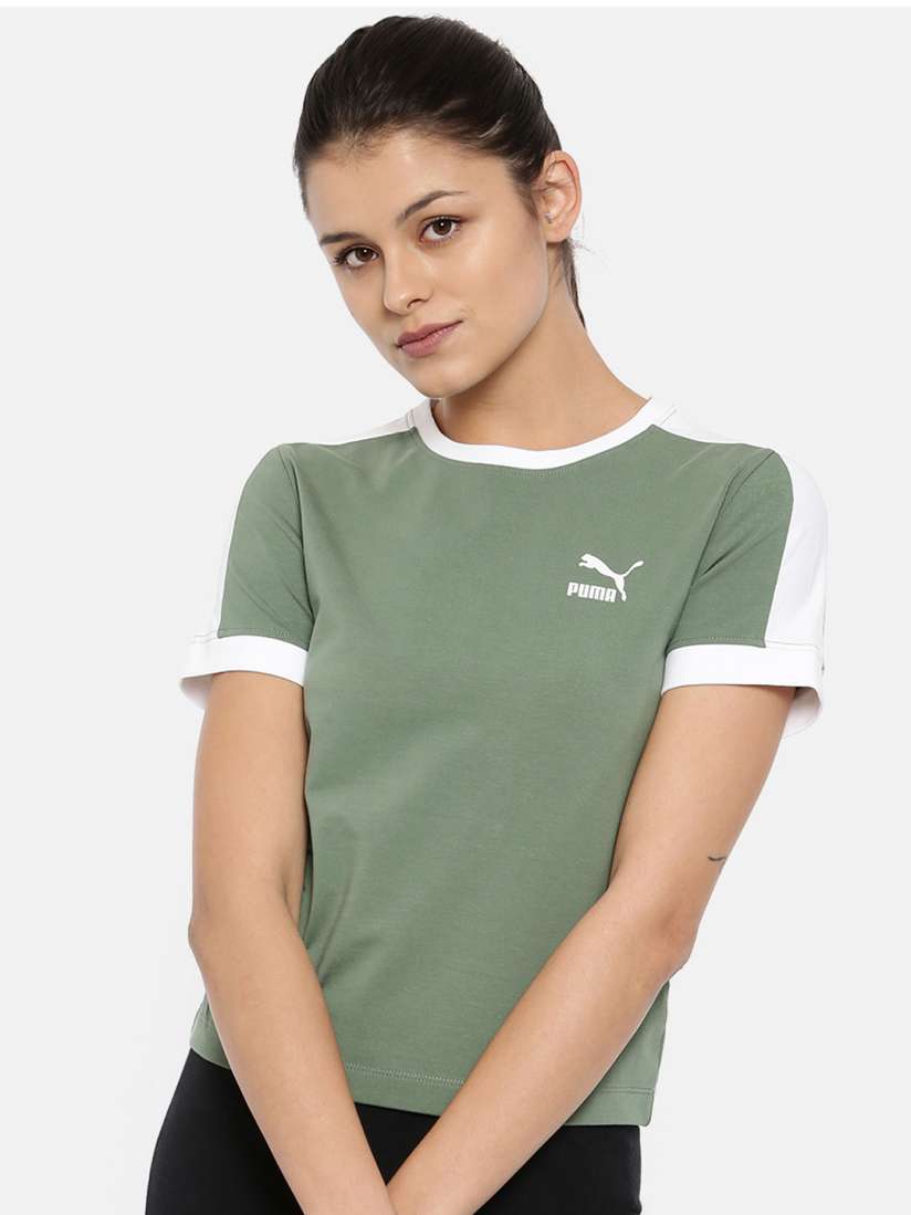 Buy Puma Women Green Classics Tight T7 Pure Cotton T shirt Tshirts for Women 7034212 Myntra