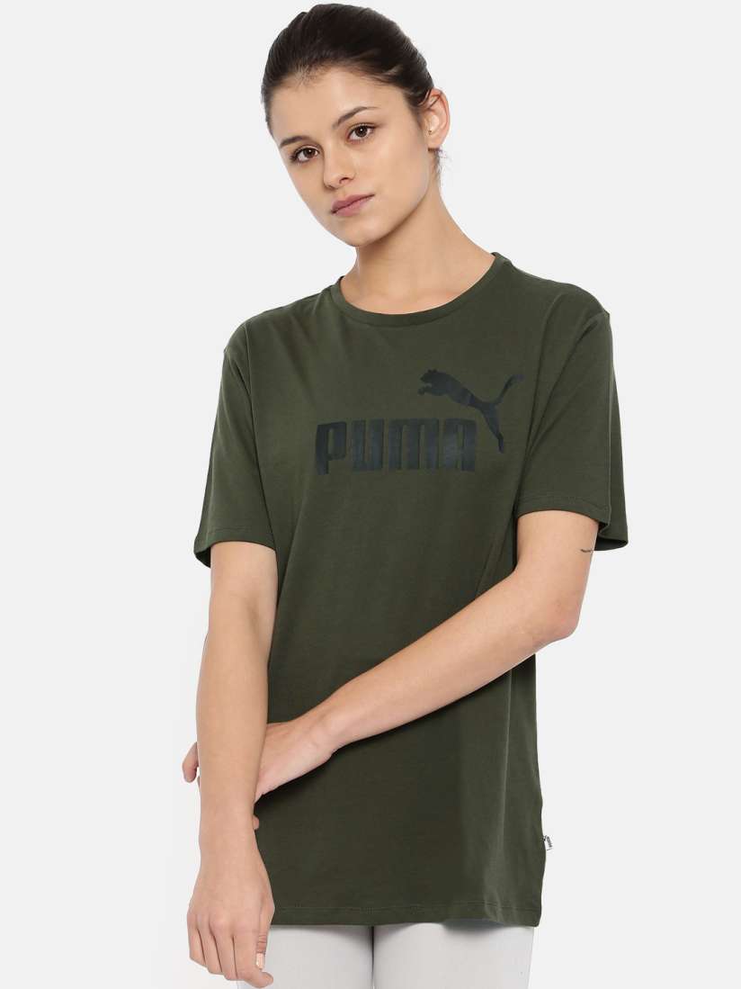 Buy Puma Women Olive Green Printed Relaxed Fit ELEVATED ESS BF Logo Pure Cotton T shirt Tshirts for Women 7034366 Myntra