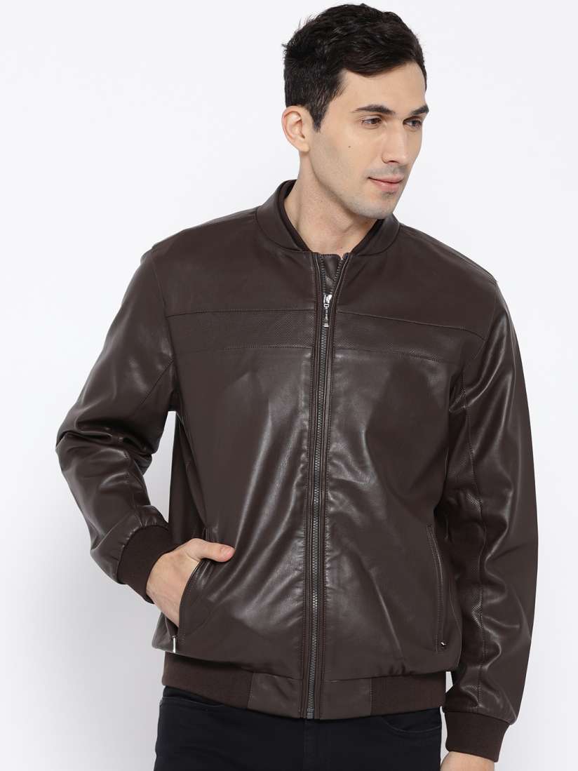 Buy Van Heusen Men Coffee Brown Solid Slim Fit Faux Leather Biker Jacket Jackets for Men 7058582 Myntra