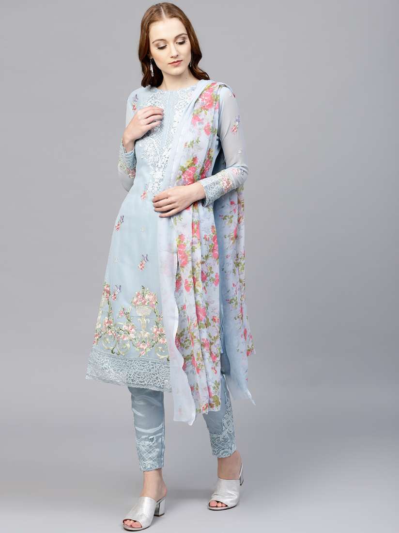 Buy Saree mall Blue Pink Embroidered Semi Stitched Dress Material Dress Material for Women 7080093 Myntra