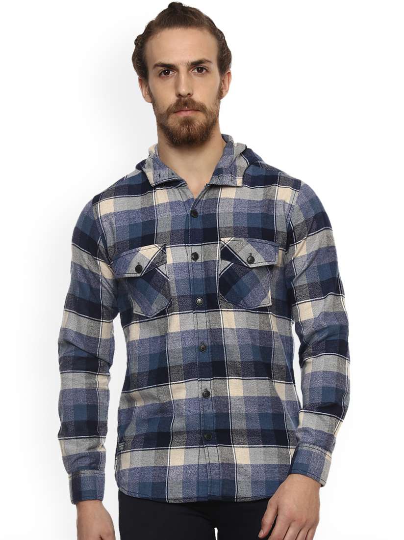 Buy Mufti Men Blue Slim Fit Checked Hooded Casual Shirt Shirts for Men 7089582 Myntra
